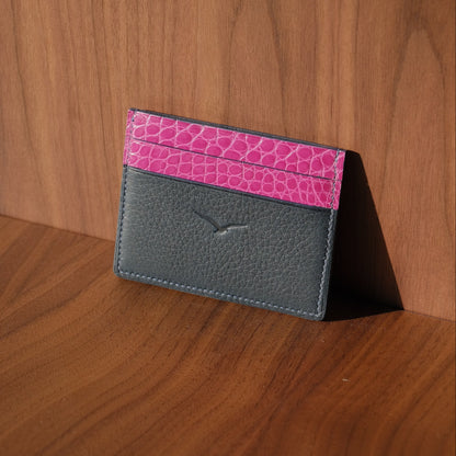 BETIKOA - Porte-cartes en Taurillon Bleu Nuit et Alligator Fushia