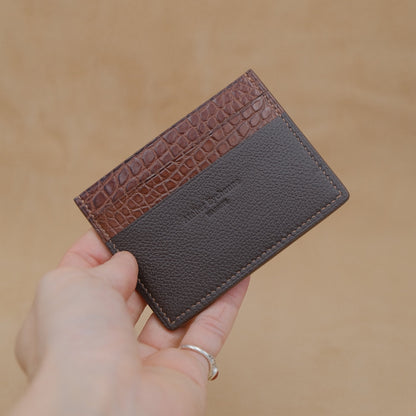BETIKOA - Porte-cartes en Taurillon Chocolat et Alligator Cognac